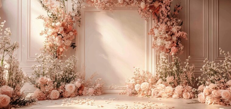 Elegant floral photo backdrop with soft pink roses and delicate blooms, perfect for weddings or romantic events.