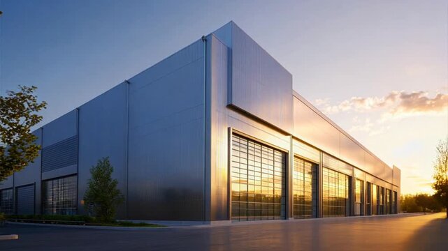 Large modern warehouse exterior with metal cladding and large windows, set against the backdrop of clear sky. Logistics distribution center, Retail warehouse. Ai Footage.