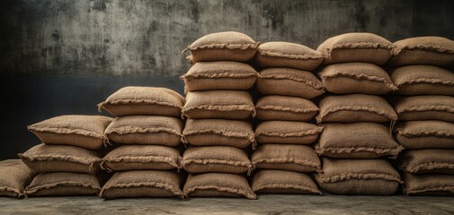 Stack of burlap sacks filled with goods against a dark, industrial background. Perfect for themes of agriculture, storage, and shipping.