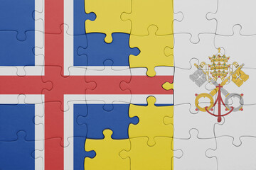 puzzle with the colourful national flag of vatican city and flag of iceland .