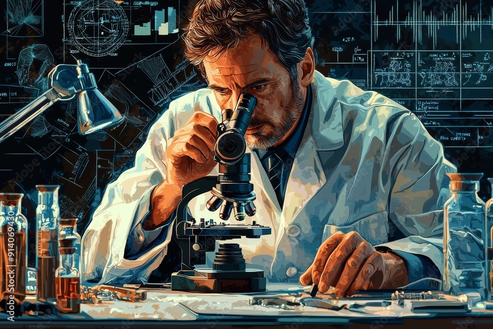 Poster scientist examining samples through a microscope in a laboratory setting