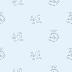 Light seamless pattern with attributes of money, wealth, business and finance. Simple vector illustration with repeating icons of palm with money bag and flying bills and coins