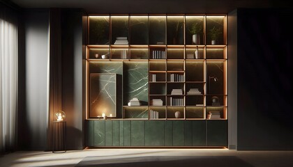 shelving unit and cabinet on a dark wall