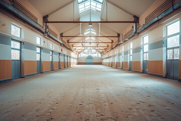 Obraz premium Empty indoor riding hall suitable for dressage and jumping horses all day