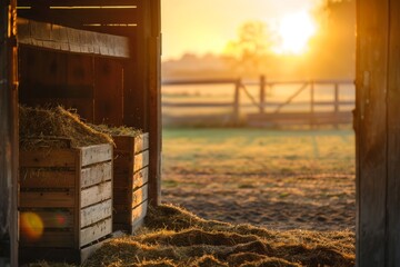 Empty horse stable with hay at sunset Open wooden boxes and paddock fence in ranch