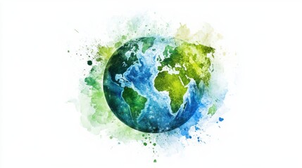 3D Watercolor Green & Blue World Globe with Continents - Digital Illustration