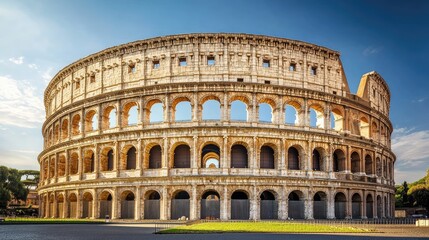 Naklejka premium The empty Colosseum standing majestically under the blue sky, with its ancient arches and structure evoking the grandeur of Rome's history.