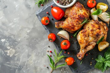 Healthy air fried chicken and vegetables on marble table top view with text space