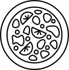 Line art icon of a plate of food, showing tomatoes and other ingredients