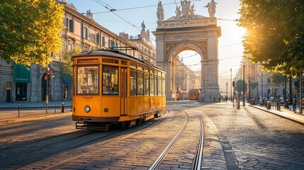 Fototapeta premium Famous vintage tram in the centre of the Old Town of Milan in the sunny day, Lombardia, Italy. Arch of Peace, or Arco della Pace on the background