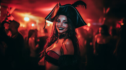 Latina woman in a pirate costume, sexy in a nightclub at a Halloween party at night. 