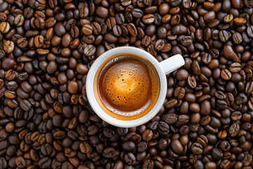 Fototapeta premium Espresso coffee mug over roasted coffee beans background