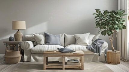 cozy grey living room with white accents and coastal furniture , modern coastal living room design in grey tones , 3d rendered cozy grey living room with beach house vibes , cozy grey living room
