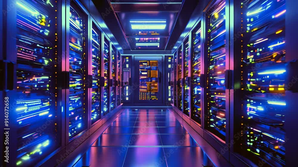 Poster a vibrant data center showcasing numerous servers illuminated by colorful led lights in a futuristic