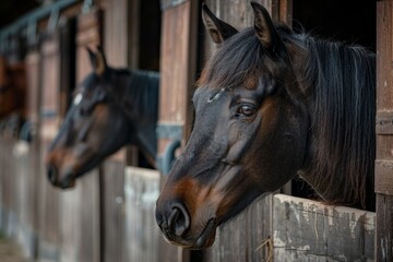 Fototapeta premium Horse head peeking over stable doors amidst other horses