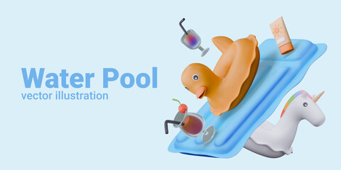 Fun advertising of water pool in 3D cartoon style. Commercial banner on blue background