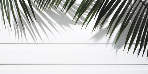 Obraz premium Białe gładkie tło pod baner, grafikę z napisami. Zielone rośliny, gałązki palmy i liście kwiatów. Widok z góry