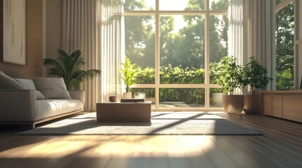 Fototapeta premium A modern living room, empty and silent, with sleek furniture and large windows allowing sunlight to flood the space, creating a calm and serene atmosphere.
