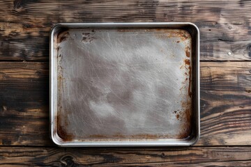 Pizza baking tray on wooden surface in top view for design mockup