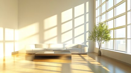 Fototapeta premium A modern living room, empty and silent, with sleek furniture and large windows allowing sunlight to flood the space, creating a calm and serene atmosphere.