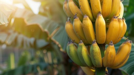 Banana plant with fruit in plantation farm field.