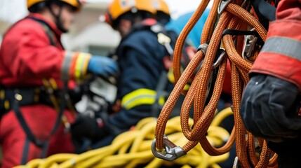 Generate a photo realistic image of emergency responders conducting a confined space rescue drill, with rescue equipment, confined space entry permit, and safety harnesses visible