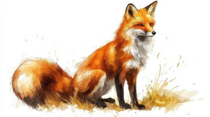 Obraz premium 3D Watercolor Orange and Brown Fox with Fluffy Tail - Digital Art