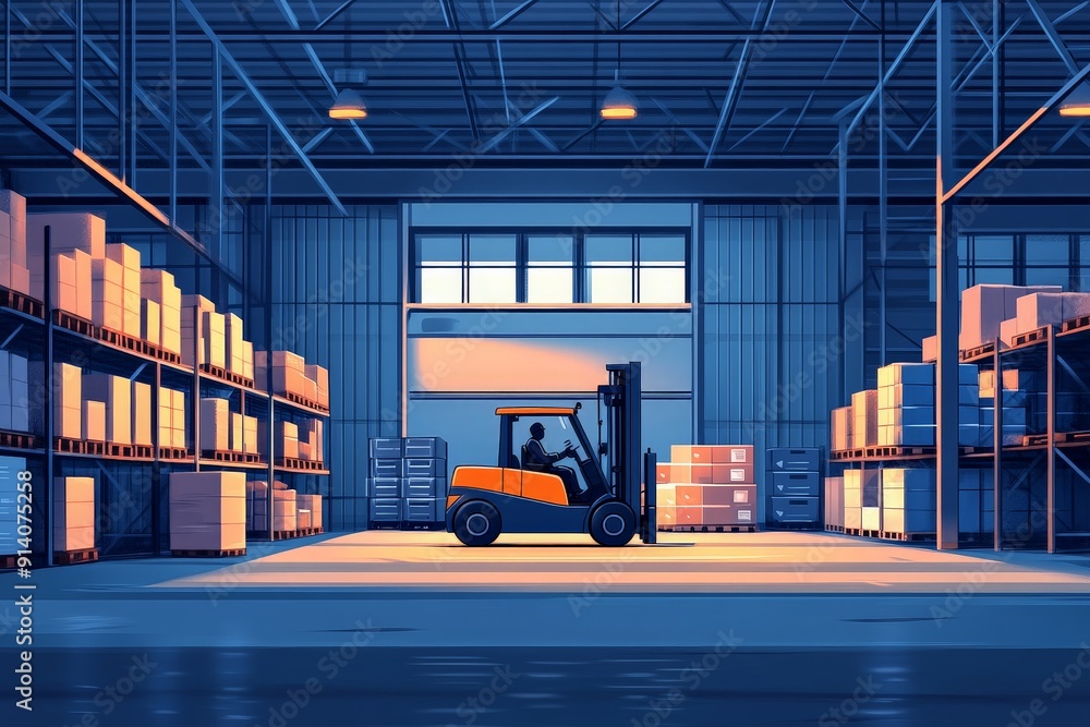 Poster efficient material handling in modern warehouse setting - minimalist flat illustration style