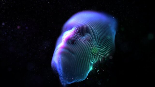 Digital face surrounded by floating bits of information turns in different directions. Abstract concept of deep learning, artificial intelligence or data analysis. 4K looped video of online education