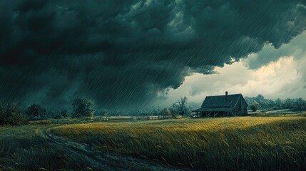 Fototapeta premium A rural landscape under a severe thunderstorm, with heavy rain, strong winds, and ominous dark clouds dominating the sky.