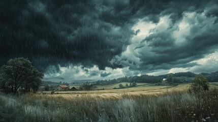 A rural landscape under a severe thunderstorm, with heavy rain, strong winds, and ominous dark clouds dominating the sky.