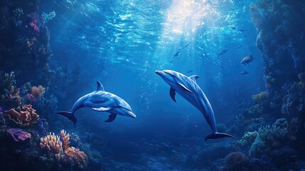 A serene underwater scene of dolphins gliding effortlessly through the deep blue sea, surrounded by marine life and coral reefs.