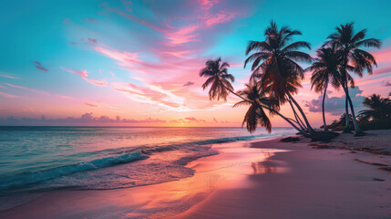 Tropical beach sunset with vibrant sky and palm trees