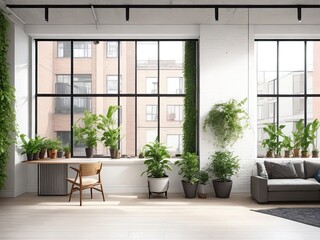 Large windows, plants, and a blank poster frame for mockups on a brick wall characterize this contemporary apartment. Artificial Intelligence