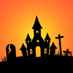 Halloween Spooky Nighttime background with cemeteries, house and grave.
