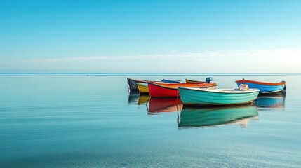 Naklejka premium A tranquil seaside scene with colorful fishing boats anchored by the shore, gently bobbing on the calm waters under a clear blue sky.