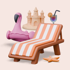 Folding beach lounge, sand castle, inflatable flamingo ring, starfish, cocktail with straw