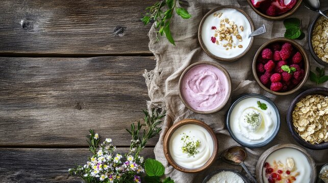 A variety of yoghurt flavors arranged on a rustic table, showcasing the different options available for a nutritious snack.