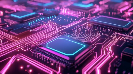 Obraz premium High-Tech Neon Circuit Board with Microchips and Glowing Traces in Futuristic Purple Light