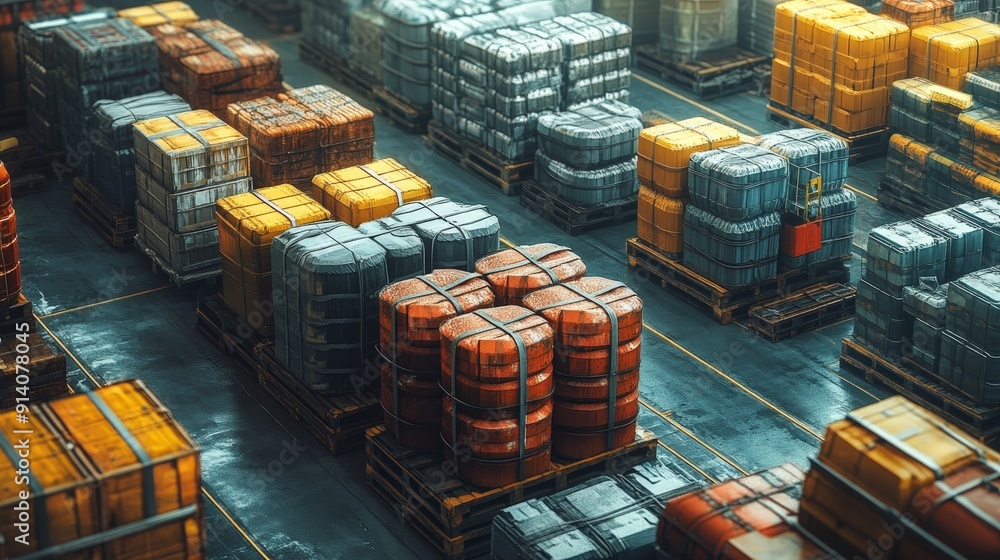 Poster intricate industrial order: warehouse stacked with materials embodying supply chain complexity in su