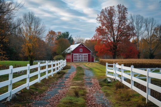 White fence to large red barn