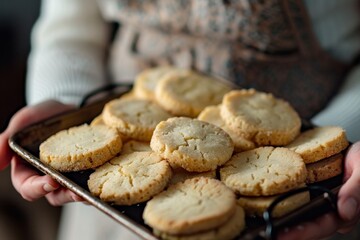 Woman with homemade shortbread cookies on tray