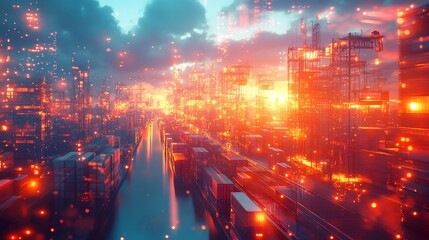 Fototapeta premium Interconnected Industrial Operations: Abstract Illustration of Vibrant Supply Chain Logistics and Global Trade Routes