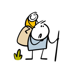 Fototapeta premium Cartoon tired father carries a backpack and a happy child on his shoulders. Vector illustration of a family camping trip. Doodle funny man with a cane and children travel in the field.