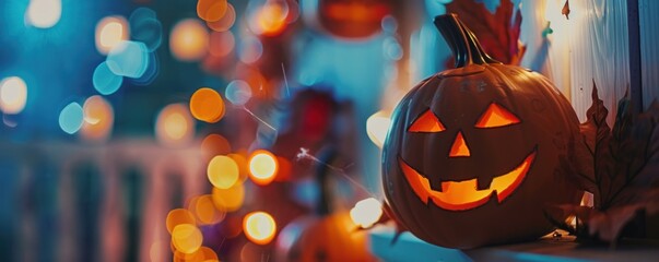 Naklejka premium Glowing Jack-o'-lantern with a spooky smile and blurred bokeh lights.