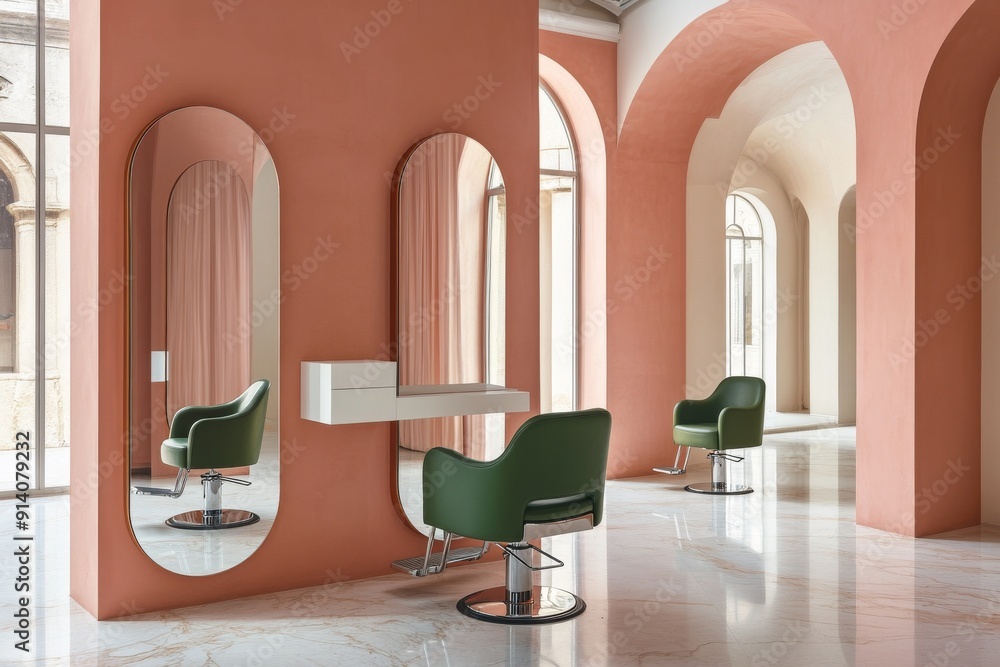 Poster the background is pink and there are a row of chairs and mirrors, a panoramic window and a mock-up w