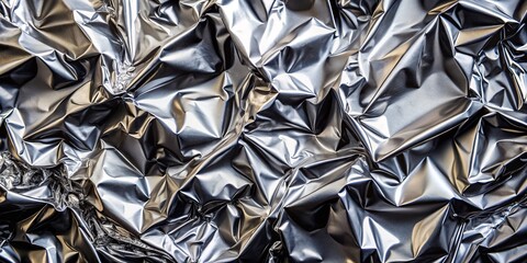 Modern metallic abstract background featuring a reflective silver gray aluminum foil surface with creased chrome patterns, paired with a contrasting black and white design.