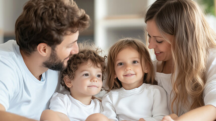 Obraz premium Happy family gathering, parents with two children, enjoying time together, sitting on the floor, stylish home interior, with copy space