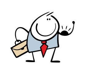 Strong male businessman has bent his arm and is showing biceps. Vector illustration of a successful office worker. Cartoon stickman to cope with his task, a confident boss.