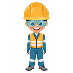 Industrial engineer dressed in reflective safety vest, blue coverall, helmet, safety glasses and gloves. Safety first. Personal protective equipment. Industrial safety and occupational health at work